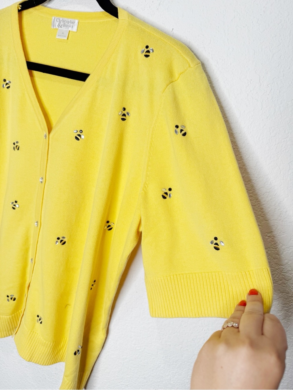 Vintage Bee Embellished Sweater Cardigan Shirt Sleeves Knit Cotton Twee - Picture 3 of 7